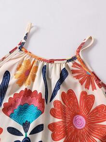 SHEIN Girls' Beige Tropical Beach Vacation Camisole Printed Dress,Vibrant Floral Loose A-Line Fit Ruffled Hem Breathable Fabric Spring Summer Outfit - Multicolor - View 4