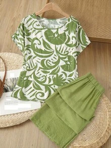 Rusticease Conjunto de 2 piezas de top de manga corta con estampado simple y pantalones de unicolor, talla grande - Verde - Ver 3