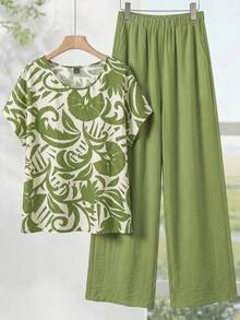 Rusticease Conjunto de 2 piezas de top de manga corta con estampado simple y pantalones de unicolor, talla grande - Verde - Ver 4
