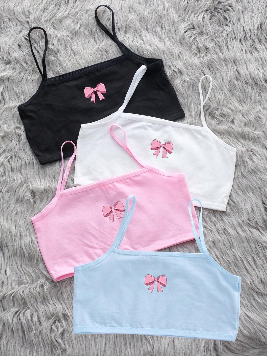Tween Girl Bow Pattern Print Simple Non-Wired Bralette 4pcs Set - Multicolor - View 1
