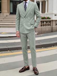 Manfinity Bizformal Ensemble de veste à col mandarin et pantalon à manches longues pour hommes, cérémonie, formel - Vert - Voir 6