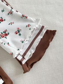 SHEIN Playful Pals 3条装女婴碎花条纹纯色弹力腰喇叭裤休闲裤，春秋季 - 咖啡棕 - 查看 6