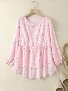 EMERY ROSE Plus Size Floral Print Round Neck Casual Elegant Fairycore Long Sleeve Shirt, Autumn Top Beach Holiday Formal Date Night Outfit For Women Pink Floral - Pink - View 6