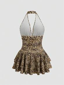 Sweetra Plus Size Women's Leopard Print V-Neck Halter Backless Ruched Double Ruffle Hem Mini Dress,Elegant For Brown,Summer,Beach,Vacation,Holiday,Commute - Brown - View 2