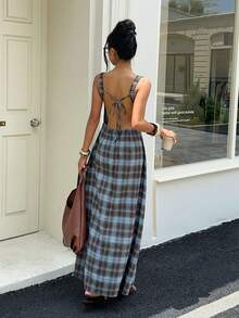Aloruh Women's Elegant Casual Commute Outdoor Plaid Sleeveless Brown&Blue Dress,Country Style For Women,Holiday,Vacation,Work Office Dress,Summer Dress - Multicolor - View 3