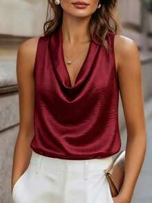 SHEIN 女款優雅緞面背心酒紅色夏季辦公室夜生活外出穿搭垂領修身顯瘦純色無袖上衣，適合日常出遊 - 酒紅色 - 查看 1