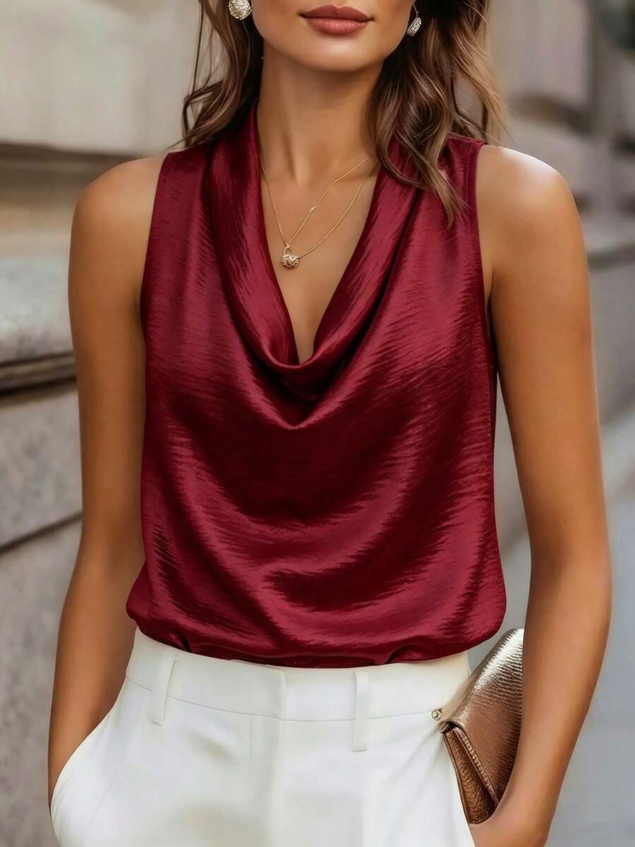 SHEIN 女款優雅緞面背心酒紅色夏季辦公室夜生活外出穿搭垂領修身顯瘦純色無袖上衣,適合日常出遊 - 酒紅色 - 查看 1