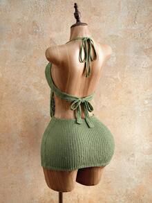 Mistrie Women's Solid Color Halter Backless Twist Drape Fitted Dress Beach Vacation Sage Green Summer Casual - Green - View 2