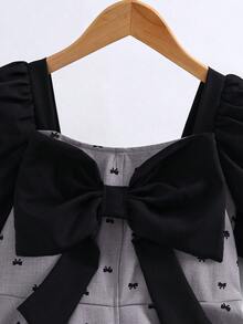 Elladie kids 女童夏季新款方領泡泡袖A字裙，甜美可愛蝴蝶結印花洋裝，短袖收腰公主裙，柔軟舒適面料，復古牛仔質感，胸前黑色蝴蝶結裝飾，正面黑色鈕扣裝飾，A字版型修身活潑，泡泡袖俏皮優雅，適合學校、度假、派對、假日穿著，實用時尚，島嶼風，海灘週末，夏季穿搭 - 灰色 - 查看 8