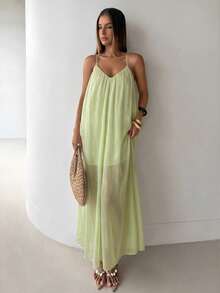Aloruh Women's Solid Color Backless Spaghetti Strap Dress, Vacation - Green - View 9