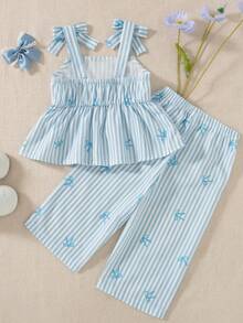 Souflis Souflis Baby Girls' Cute Yellow Bow Decor Camisole Top Paired With Loose Casual Pants, Spring/Summer Outfit - Baby Blue - View 3