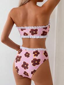 Swim Mod Spring/Summer Beach Vacation Striped Print 2 Pieces Set, Ruched Neckline, Ruffled Hem Pants - Multicolor - View 2