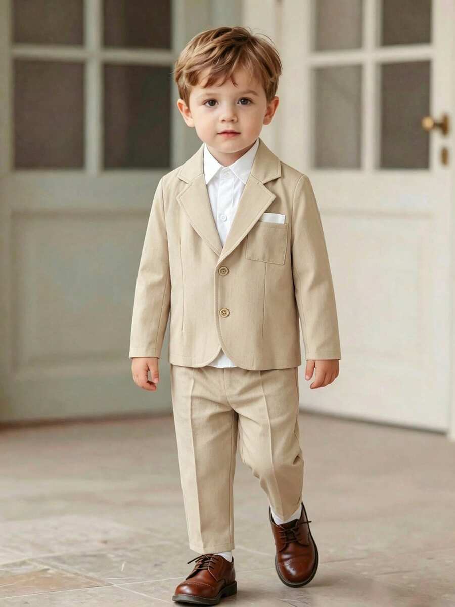 2pcs Elegant Young Gentleman's Suit Set For Wedding, Prom, Graduation - Warm Beige Color Blazer And Trousers, Bringing Proper Elegance For Little Gentlemen In Spring And Summer - Khaki - View 1