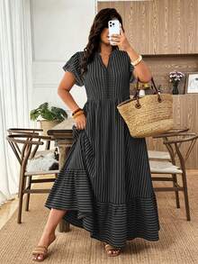 Weeklong Vestido de mujer talla grande con estampado de rayas negras, cuello en V, ribete de contraste, manga campana de doble capa, casual elegante de verano para vacaciones, desplazamientos y uso diario en la oficina - Gris Oscuro - Ver 4