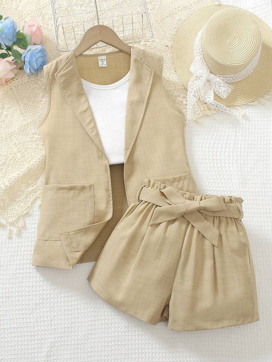 SHEIN 2 chiếc/Bộ Áo khoác gile không tay cho bé gái tuổi teen với thắt lưng nơ & quần short, bộ trang phục thời trang thường ngày, trang phục đồng bộ cho anh chị em (2 bộ bán riêng) - Màu be - Xem 1