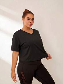 Easithlete Große Größen einfarbiges Raglan-Ärmel Kurz-Sport T-Shirt Gym Top Slim Fit Shirt Sport Weste - Schwarz - Übersicht 5