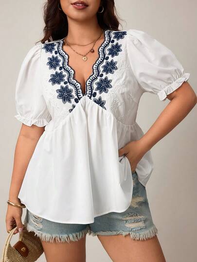 Enliva Áo kiểu nữ cỡ lớn cổ chữ V thêu eo dáng chữ A màu trắng phong cách boho tay ngắn, kiểu dáng thường ngày.