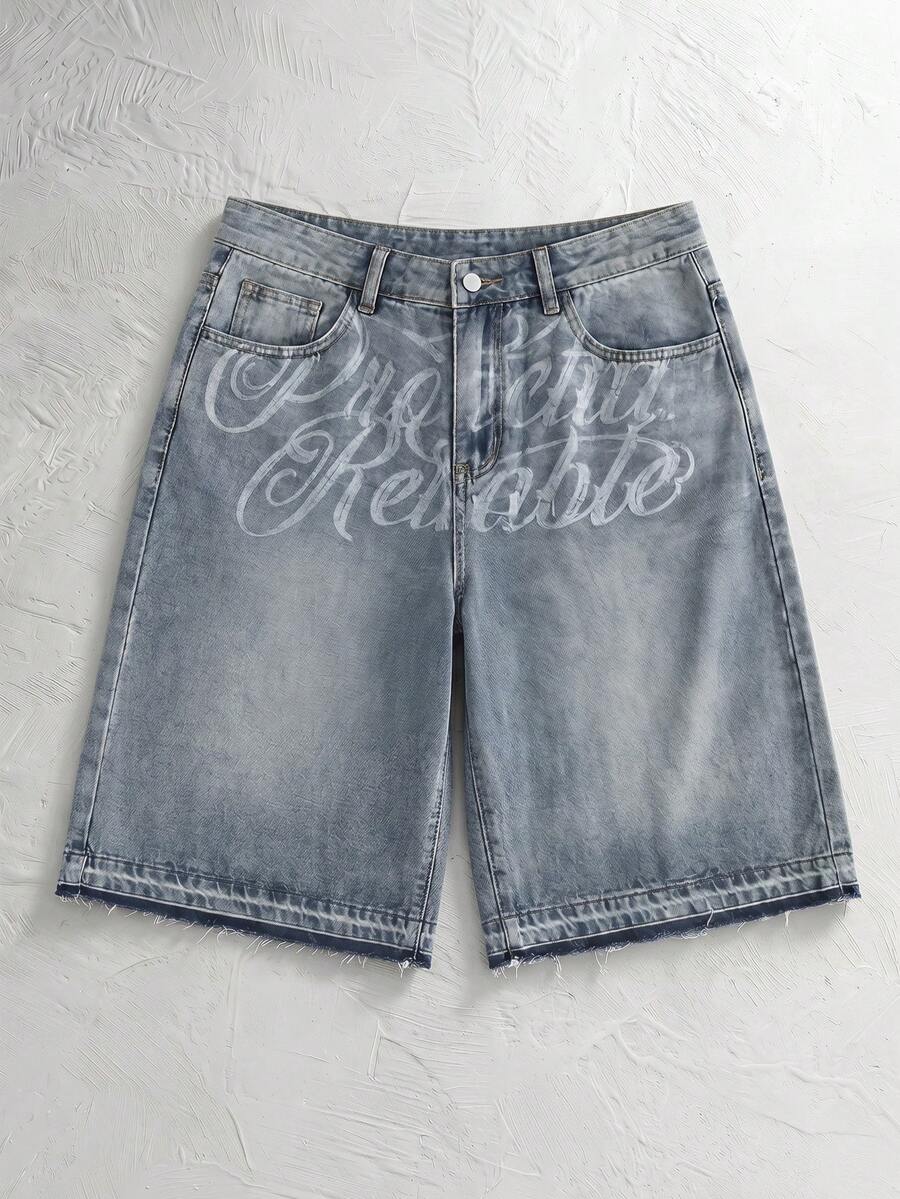 AXEPEAK Quần short denim nam đã qua xử lý, có thêu họa tiết, kiểu dáng thời trang.