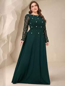 Coutiva Plus Size Elegant Dark Green Bubble Bead Contrast Lace A-Line Dress Formal Party Wedding Spring - Dark Green - View 5