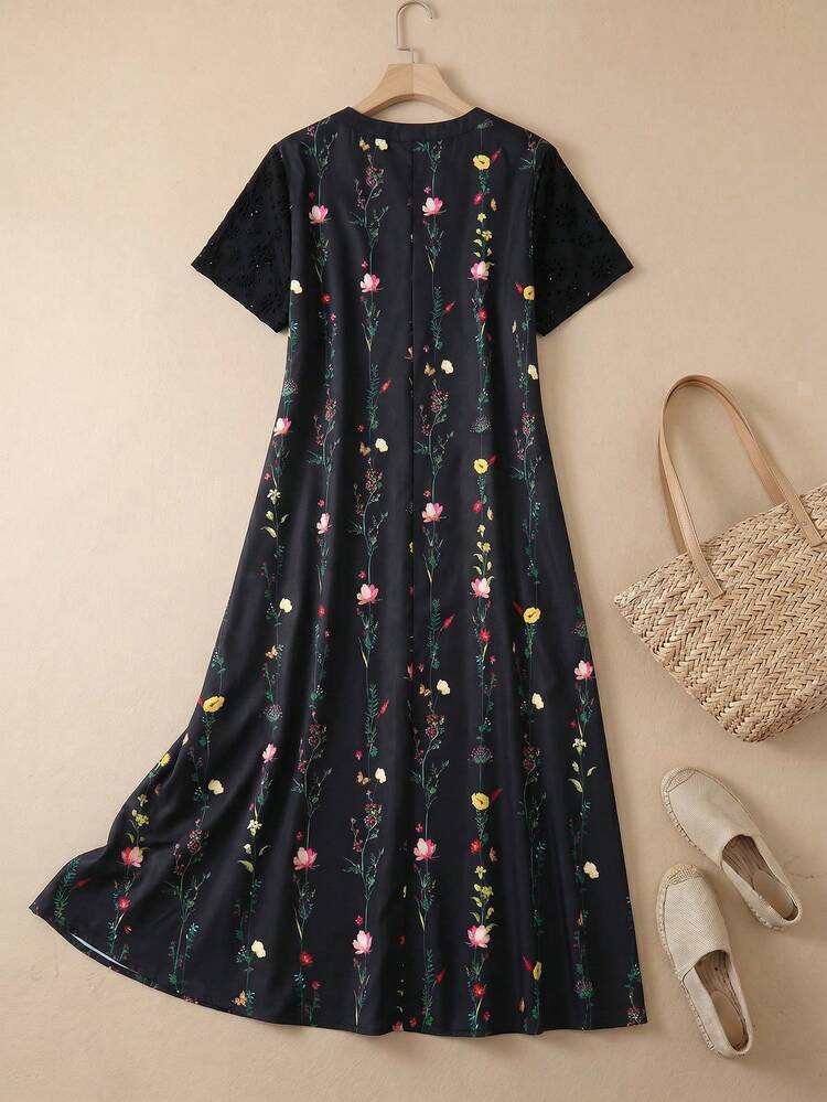 Plus Size Summer Casual Floral Print Notched Neck Short Sleeve Dress