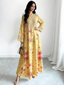 SHEIN Najma 碎花V领长袖连衣裙，优雅高贵的时尚装扮，雪纺长款连衣裙，带领，适合春夏穿着。 - 彩色 - 查看 3