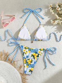 Swim Mod Women's Summer Beach Holiday Halter Tie Blue Lemon Flower Backless Sexy Bikini Set - Blue - View 2