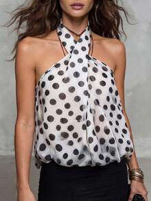 Solivie Blusa elegante y de moda con estampado de lunares y escote cruzado halter para mujer - Blanco y Negro - Ver 6