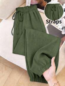 SHEIN Frenchy Summer Vacation Women's Tropical Print Knot Front High Waisted Long Pants - Green - View 8