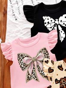 Bohemian Ditsy Floral, Gentle Purple Striped, 3D Bow Pattern, Young Girl Casual Simple Versatile Round Neck Cap Sleeve T-Shirt 1pc Suitable For Spring - Hot Pink - View 3