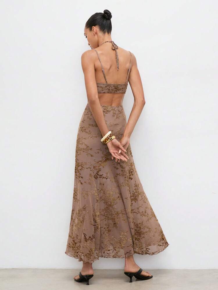 SHEIN Maija Brown Floral Sleeveless Summer Elegant Vacation Holiday Ditsy Dress,Waist Cinched Fitted Flared Backless Festival Festa Junina Casual Party Wedding