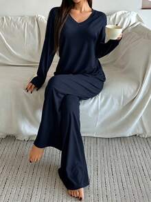 DAZY Minimalist Solid Color Soft Knit Women Pajama Set - Navy Blue - View 3