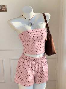 SHEIN EZwear 粉色底棕色圓點 2 件套，適合度假、畢業季、夏季上衣、日常通勤、約會、聚會、秋冬/夏季、聖誕節、新年、感恩節、派對、婚禮、海灘、畢業典禮、時尚、優雅、休閒、外出、約會、預約、通勤、閃亮、情人節、優雅、度假、休閒、Y2K、外出、畢業典禮等 - 彩色 - 查看 5