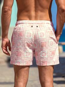 Manfinity Swimmode 男士夏季度假全身印花抽繩腰透氣沙灘短褲 男士度假沙灘裝 男士泳褲 粉紅色，假期 - 粉色 - 查看 2