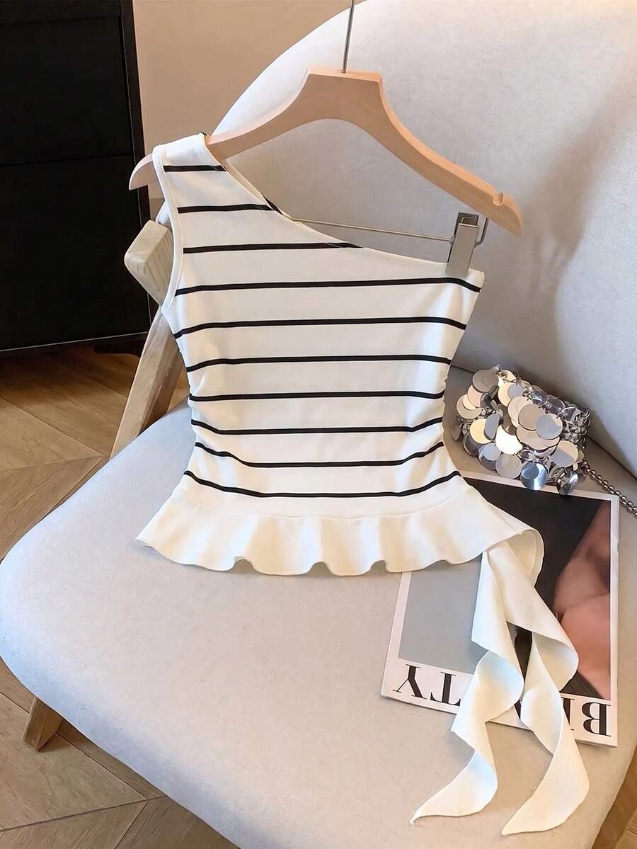 SHEIN LUNE Women's Casual Elegant Black And White Ruffle Hem One Shoulder Top, Summer Brunch Night Out Party - Multicolor - View 1