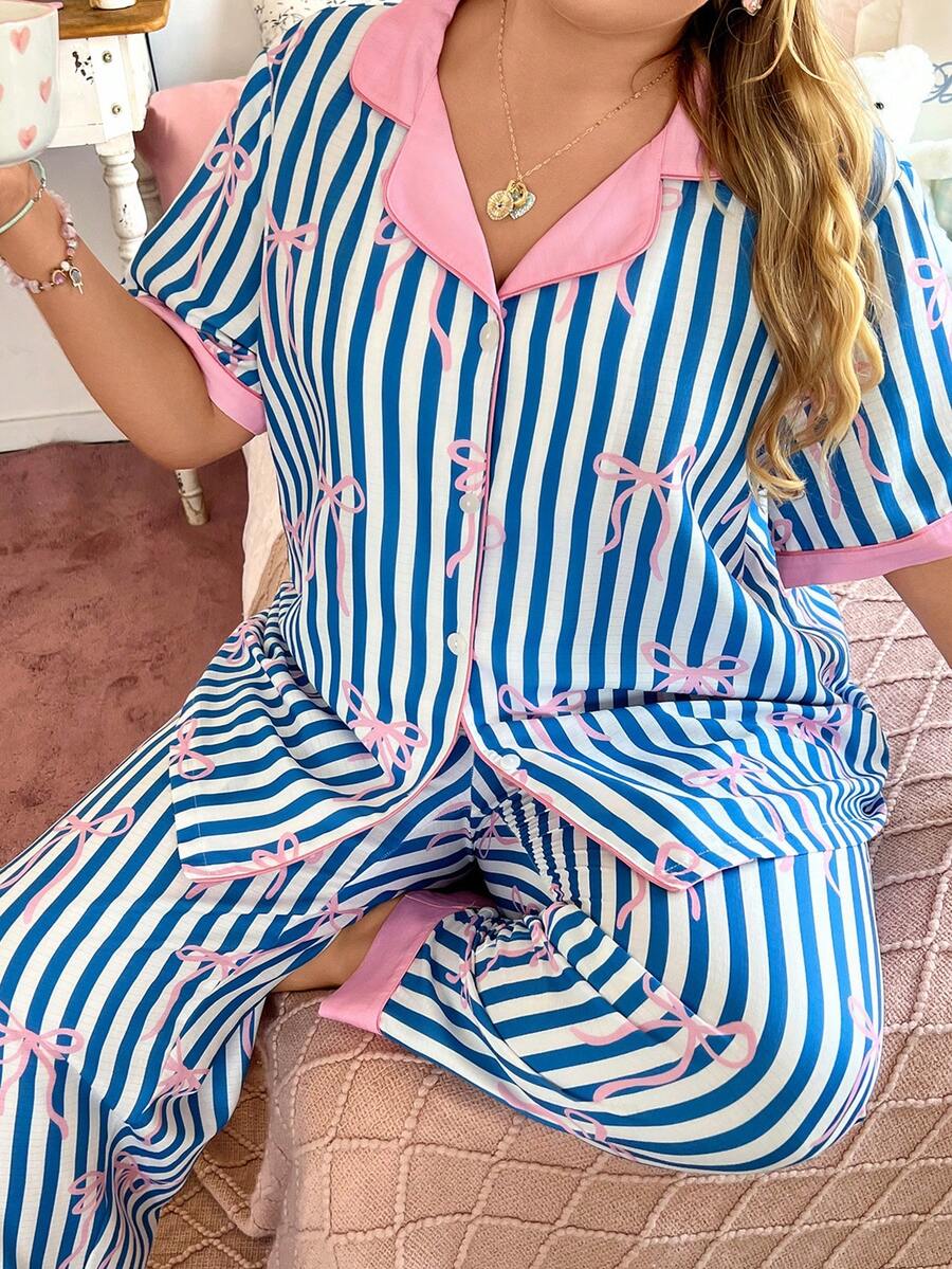 Slumberry CURVE Sweet Striped Bow Decor Open Front Contrast Color Plus Size Pajama Set - Multicolor - View 1