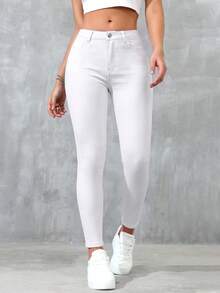 SHEIN Essnce 女士时尚纯色斜插口袋弹力修身牛仔裤 - 白色 - 查看 6