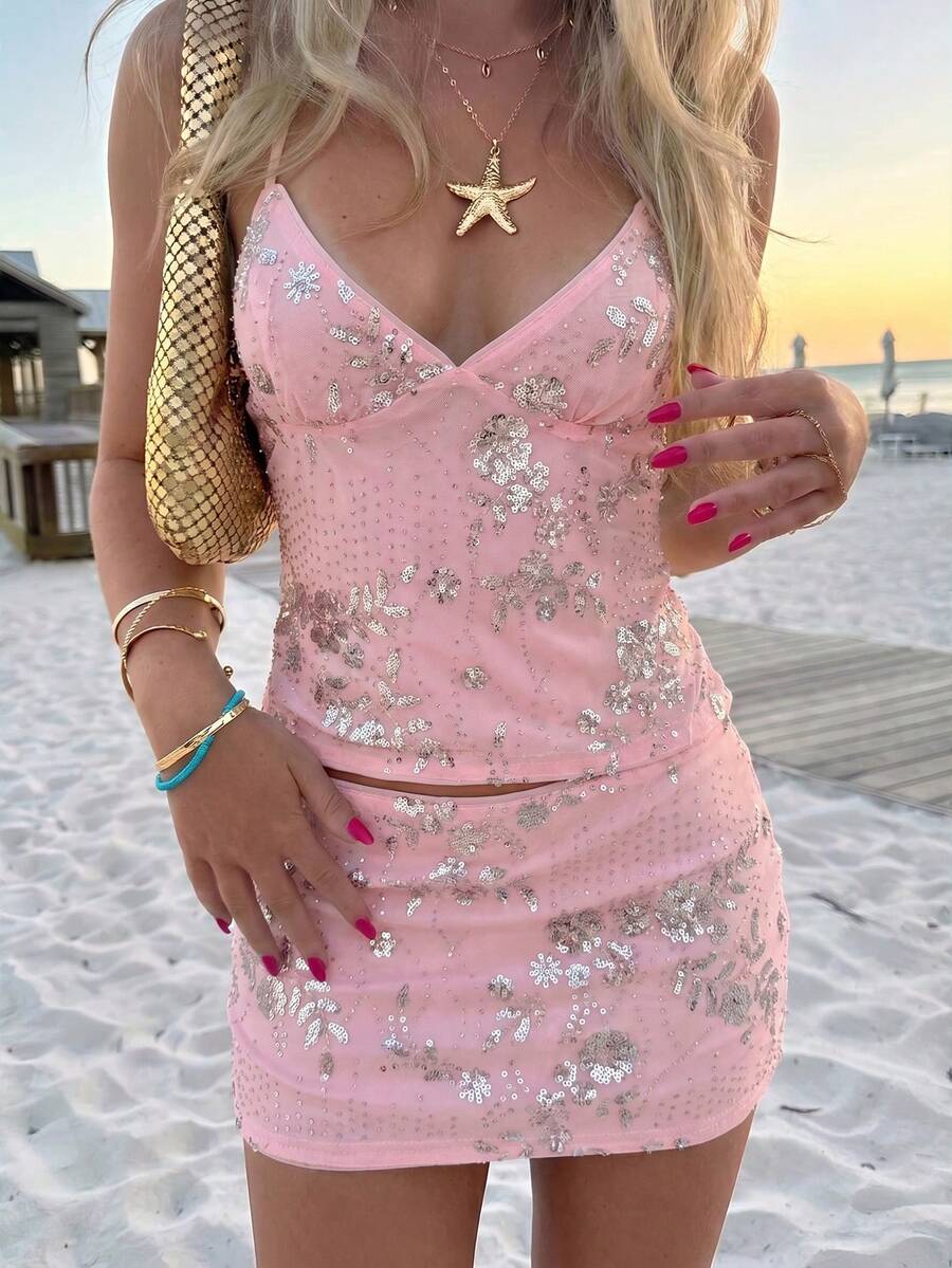 Opulessa Women's Fashionable Sexy Sequin Backless Camisole Top For Vacation - Baby Pink - View 1