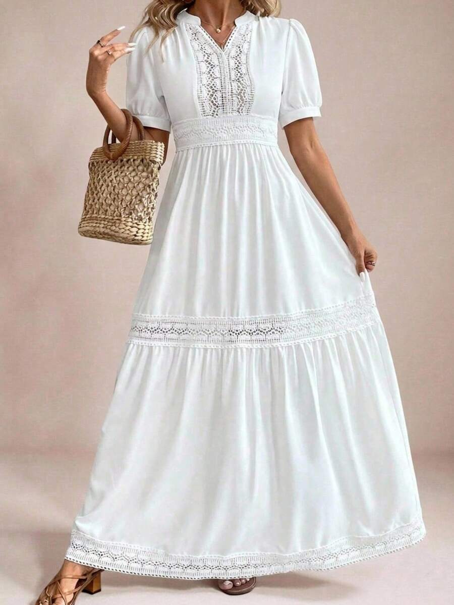 Freevana Vestido maxi elegante de manga corta con cuello con muesca y ribete de encaje, color blanco sólido, adecuado para uso diario y vacaciones, primavera/verano, talla grande para mujer - Blanco - Ver 1