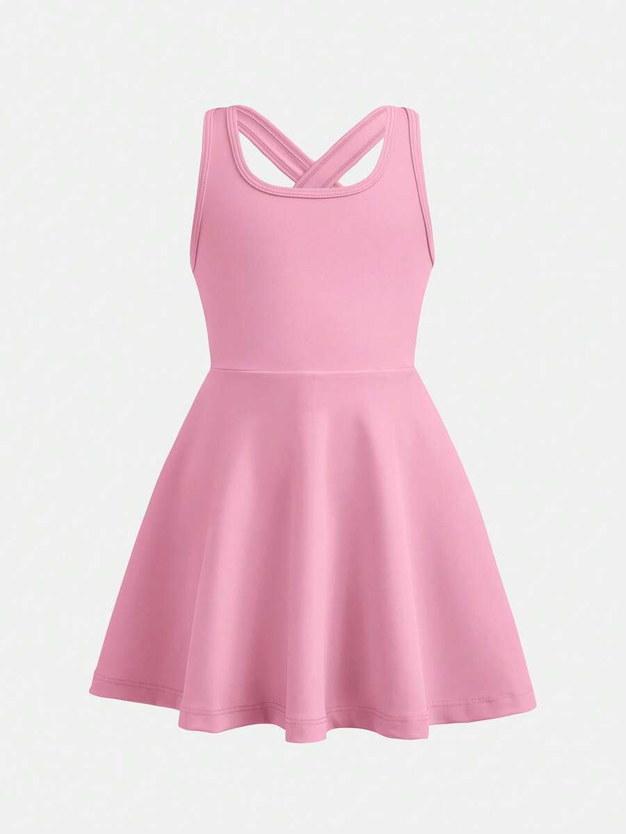 SHEIN 女童纯色针织修身无袖圆领休闲连衣裙运动服 - 粉色 - 查看 1
