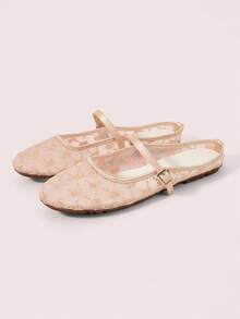 CUCCOO DOLLMOD Women's Shoes, Light Pink, Round Toe Dew Heel Closed Toe Sandals, Flower Embroidered Mesh Yarn, Sweet And Cute, Comfortable, Soft And Breathable - Petals - Powder - View 2