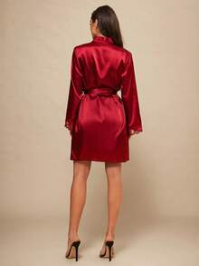 Silquee Lace Trimmed Cami Slip Dress And Belted Robe Pajama Set, Fall Winter Clothes Cozy And Elegant Details - Burgundy - View 2