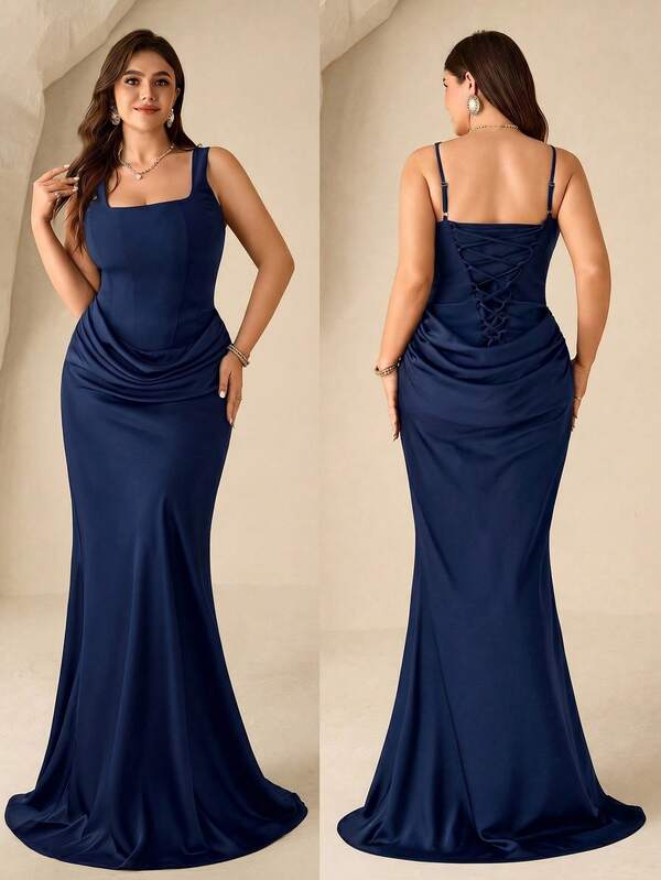 Coutiva Plus Size Women's Solid Color High-End Evening Gown, Elegant Luxury Drape Backless Sleeveless Formal Dress
