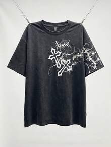 ROMWE MEN Street Life Men's Dark Thorn Cross Print T-Shirt - Black - View 6