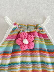 Cozy Pixies Young Girl Cute Rainbow Striped 3D Floral Decor Spaghetti Strap Ruffle Hem Casual Dress, Suitable For Daily Outing And Holiday - Multicolor - View 5