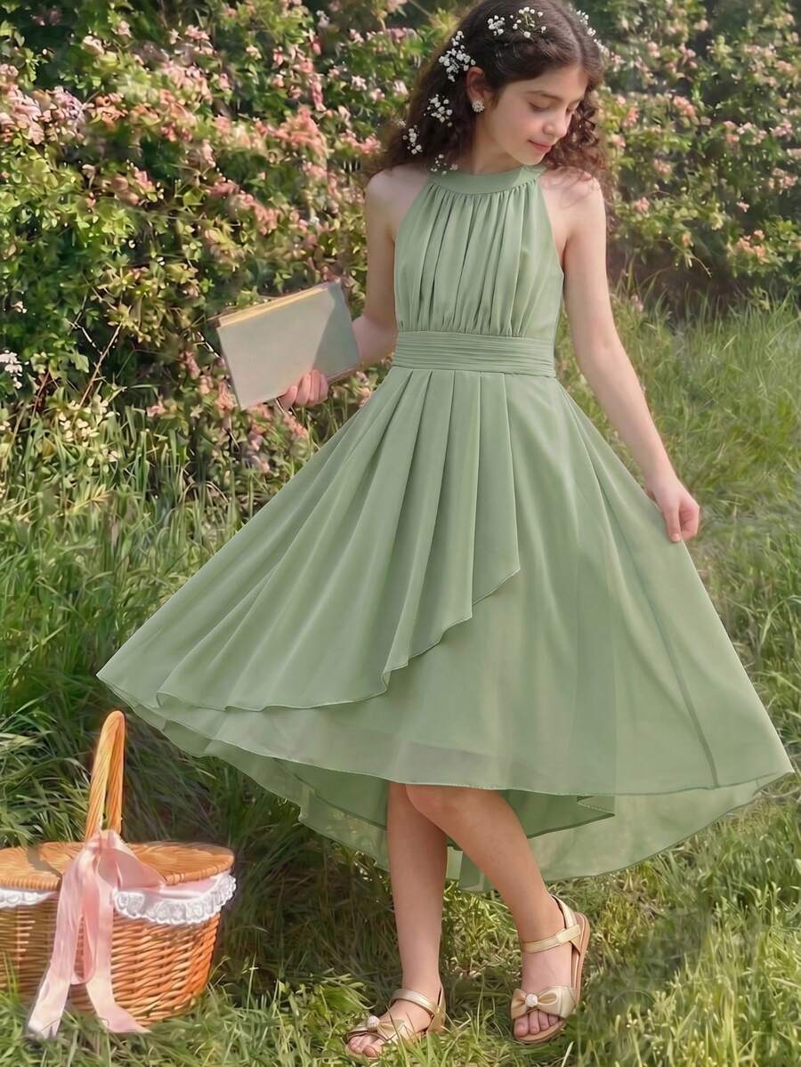 SHEIN 优雅的婚礼花童礼服,雪纺花卉露背无袖中长连衣裙,适合少女,时尚蓬蓬公主裙 - 薄荷綠 - 查看 1