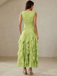 BELROSIE French Luxury Elegant Women's Green Summer Wedding Guest Dress,Laser Cut Fabric One-Shoulder Cinched Waist Vertical Splice Ruffle Hem Fitted Dress - Green - View 6
