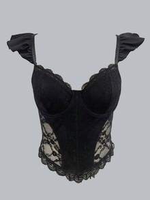 Allurite Damen Kontrast-Spitzen Slim Fit Sexy Cami Top mit Rüschenärmeln - Schwarz - Übersicht 7