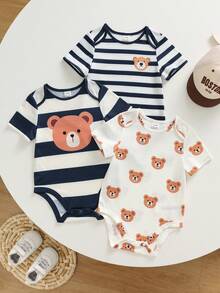 SHEIN 3pcs/Set Baby Boy/Girl Cute Knitted Elastic Bear Print & Striped Short Sleeve Rompers, Basic Bodysuits, Spring/Summer - Multicolor - View 3