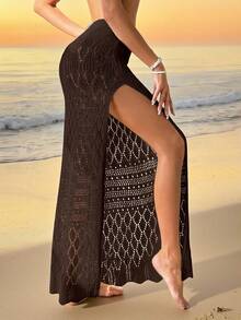 Swim Vcay Women's Solid Color Hollow Out Split Cover Up - Coffee Brown - View 5
