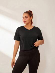 Easithlete Große Größen einfarbiges Raglan-Ärmel Kurz-Sport T-Shirt Gym Top Slim Fit Shirt Sport Weste - Schwarz - Übersicht 3